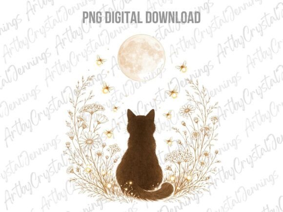 Download Celestial Mystic Cat &amp; Moon Floral PNG - Celestial Collection
